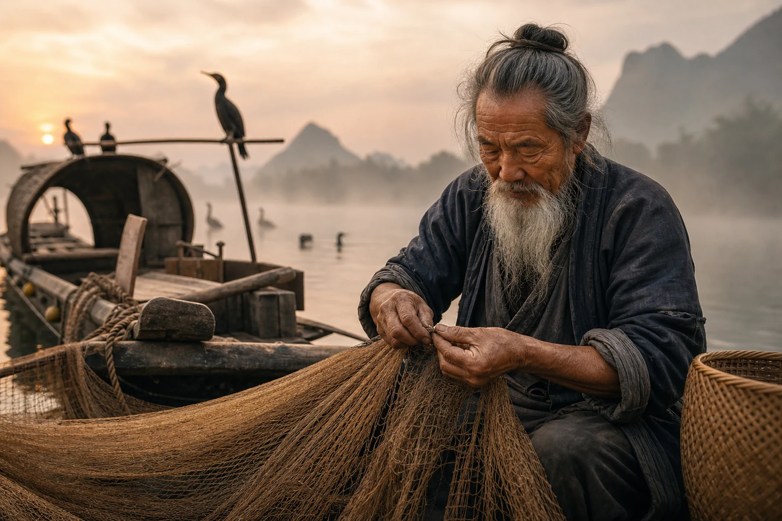 晨雾湖边修补旧渔网的老人