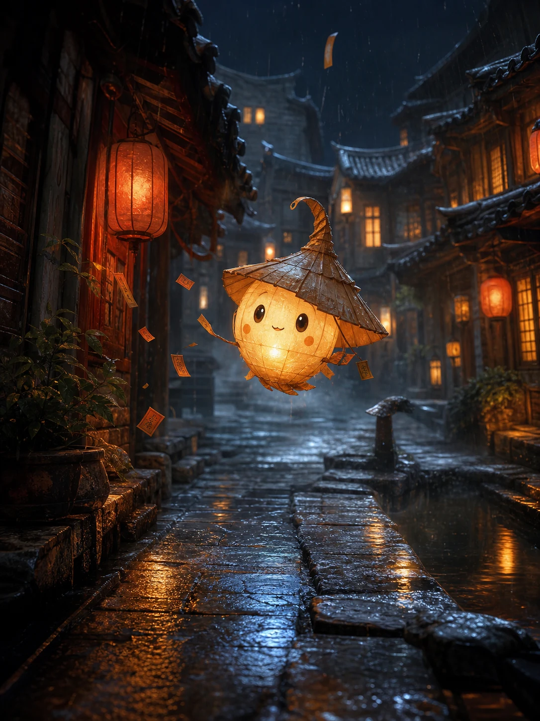 雨夜巷子里的原创灯笼精灵