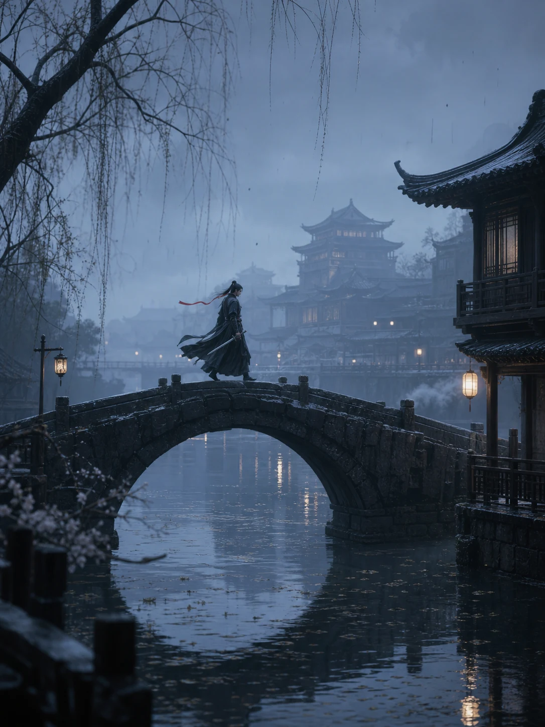 雨夜古桥上的东方武侠场景